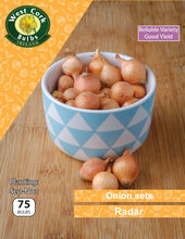 Load image into Gallery viewer, Bowl of onions with West Cork Bulbs branding on an orange background

